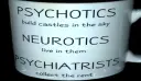 Psychotics build castles in the sky, neurotics live in them and psychiatrists collect the rent